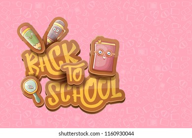 Back To School Vector Characters Horizntal Background Template Or Banner With Funny Cartoon Supplies Like Pencil ,book, Bag, Eraser And Space For Text. Vector Back To School Label On Pink