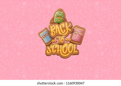 Back to school vector characters horizntal background template or banner with funny cartoon supplies like pencil ,book, bag, eraser and space for text. Vector back to school label on pink