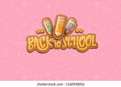 Back to school vector characters horizntal background template or banner with funny cartoon supplies like pencil ,book, bag, eraser and space for text. Vector back to school label on pink
