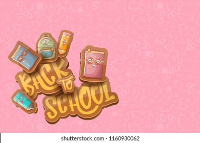 Back to school vector characters horizntal background template or banner with funny cartoon supplies like pencil ,book, bag, eraser and space for text. Vector back to school label on pink