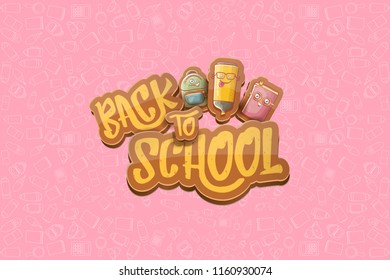 Back to school vector characters horizntal background template or banner with funny cartoon supplies like pencil ,book, bag, eraser and space for text. Vector back to school label on pink