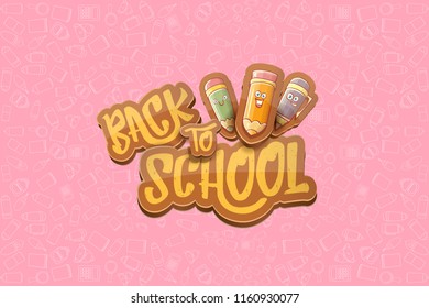 Back to school vector characters horizntal background template or banner with funny cartoon supplies like pencil ,book, bag, eraser and space for text. Vector back to school label on pink
