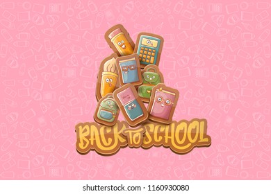 Back to school vector characters horizntal background template or banner with funny cartoon supplies like pencil ,book, bag, eraser and space for text. Vector back to school label on pink