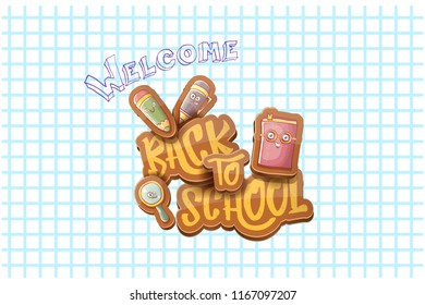 Back to school vector characters horizntal background template or banner with funny cartoon supplies like pencil ,book, bag, eraser and space for text. Vector back to school label