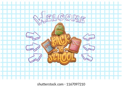 Back to school vector characters horizntal background template or banner with funny cartoon supplies like pencil ,book, bag, eraser and space for text. Vector back to school label
