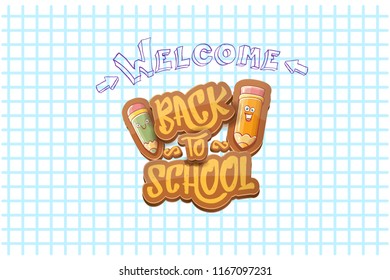 Back to school vector characters horizntal background template or banner with funny cartoon supplies like pencil ,book, bag, eraser and space for text. Vector back to school label