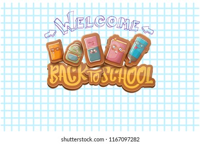 Back to school vector characters horizntal background template or banner with funny cartoon supplies like pencil ,book, bag, eraser and space for text. Vector back to school label