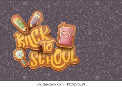 Back to school vector characters horizntal background template or banner with funny cartoon supplies like pencil ,book, bag, eraser and space for text. Vector back to school label