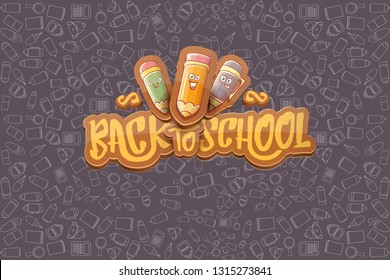 Back to school vector characters horizntal background template or banner with funny cartoon supplies like pencil ,book, bag, eraser and space for text. Vector back to school label