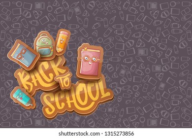 Back to school vector characters horizntal background template or banner with funny cartoon supplies like pencil ,book, bag, eraser and space for text. Vector back to school label