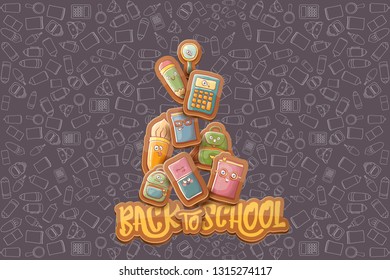Back to school vector characters horizntal background template or banner with funny cartoon supplies like pencil ,book, bag, eraser and space for text. Vector back to school label