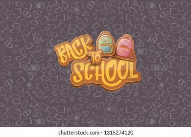 Back to school vector characters horizntal background template or banner with funny cartoon supplies like pencil ,book, bag, eraser and space for text. Vector back to school label