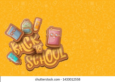 Back to school vector characters horizntal background template or banner with funny cartoon supplies like pencil ,book, bag, eraser and space for text. Vector back to school label