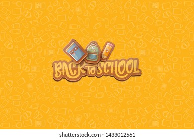 Back to school vector characters horizntal background template or banner with funny cartoon supplies like pencil ,book, bag, eraser and space for text. Vector back to school label