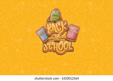 Back to school vector characters horizntal background template or banner with funny cartoon supplies like pencil ,book, bag, eraser and space for text. Vector back to school label