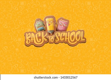 Back to school vector characters horizntal background template or banner with funny cartoon supplies like pencil ,book, bag, eraser and space for text. Vector back to school label