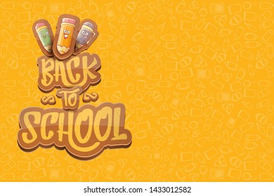 Back to school vector characters horizntal background template or banner with funny cartoon supplies like pencil ,book, bag, eraser and space for text. Vector back to school label