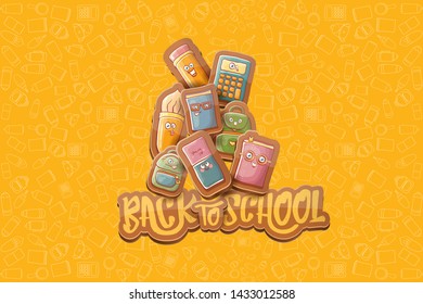 Back to school vector characters horizntal background template or banner with funny cartoon supplies like pencil ,book, bag, eraser and space for text. Vector back to school label