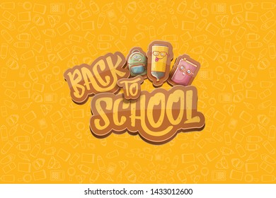 Back to school vector characters horizntal background template or banner with funny cartoon supplies like pencil ,book, bag, eraser and space for text. Vector back to school label