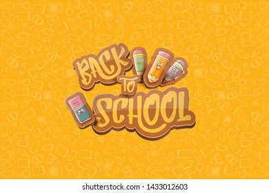 Back to school vector characters horizntal background template or banner with funny cartoon supplies like pencil ,book, bag, eraser and space for text. Vector back to school label