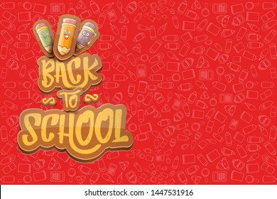 Back to school vector characters horizntal background template or banner with funny cartoon supplies like pencil ,book, bag, eraser and space for text. Vector back to school label