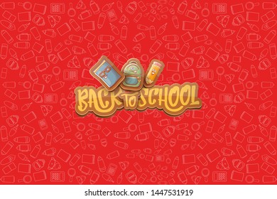 Back to school vector characters horizntal background template or banner with funny cartoon supplies like pencil ,book, bag, eraser and space for text. Vector back to school label