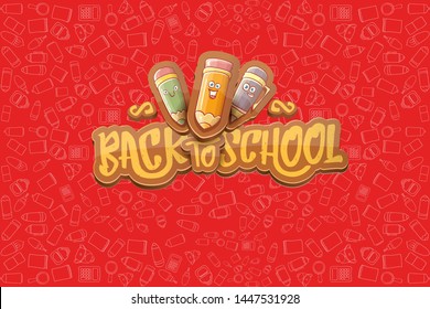 Back to school vector characters horizntal background template or banner with funny cartoon supplies like pencil ,book, bag, eraser and space for text. Vector back to school label