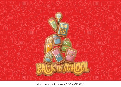 Back to school vector characters horizntal background template or banner with funny cartoon supplies like pencil ,book, bag, eraser and space for text. Vector back to school label