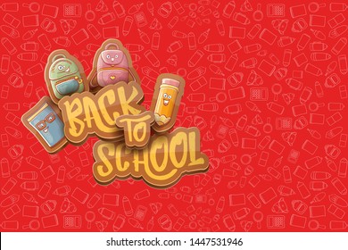 Back to school vector characters horizntal background template or banner with funny cartoon supplies like pencil ,book, bag, eraser and space for text. Vector back to school label