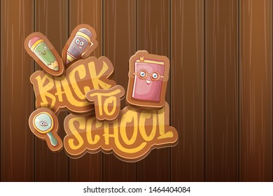 Back to school vector characters horizntal background template or banner with funny cartoon supplies like pencil ,book, bag, eraser and space for text. Vector back to school label on wooden background