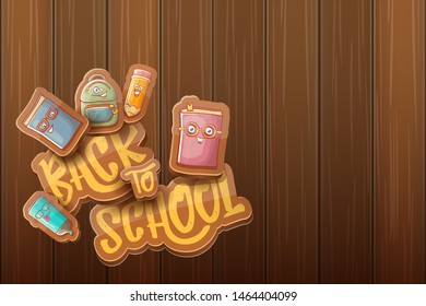 Back to school vector characters horizntal background template or banner with funny cartoon supplies like pencil ,book, bag, eraser and space for text. Vector back to school label on wooden background