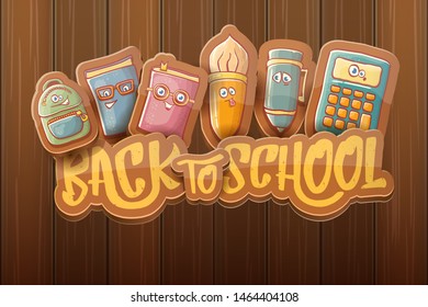 Back to school vector characters horizntal background template or banner with funny cartoon supplies like pencil ,book, bag, eraser and space for text. Vector back to school label on wooden background