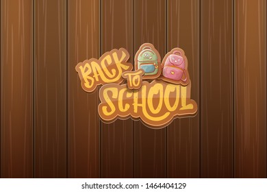 Back to school vector characters horizntal background template or banner with funny cartoon supplies like pencil ,book, bag, eraser and space for text. Vector back to school label on wooden background