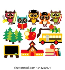 Back to school vector clip art with cute owls.