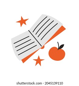 Back to school vector clipart. Reading. Isolated illustration of book stars apple. Autumn fall September positive student library design