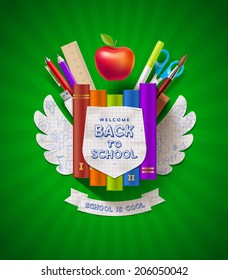 Back to school - vector coat of arms with stationery items