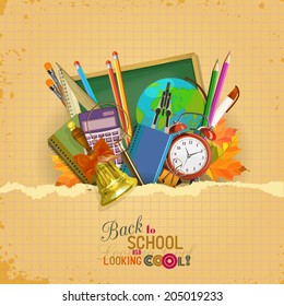 Back to school. Vector Collection of colorful School Supplies in vintage style.