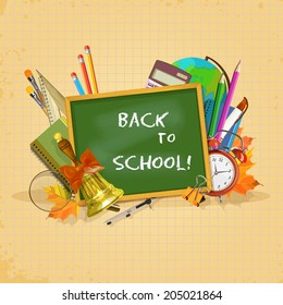 Back to school. Vector Collection of colorful School Supplies in vintage style.