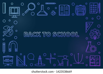 Back to School vector colorful linear horizontal illustration or frame on dark background 