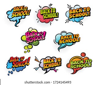 Back to school vector comics speech bubbles, education symbols. Cartoon halftone chat, thought and scream balloons, dialogue, talk and word clouds with Back to School quotes. Retro comics bubbles