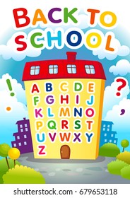 Back to School vector concept colored letters Alphabet on cartoon school building house. 