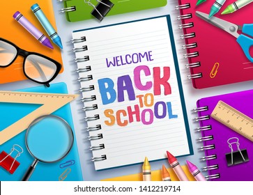 Back to school vector concept with colorful notebooks and welcome back to school text written in white paper and school elements. Vector illustration.