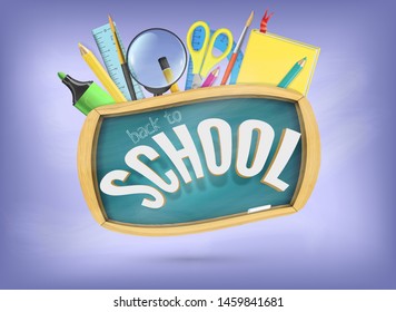 Back to school vector concept with colorful school supplies, education elements and chalkboard on textured blue background. Vector joyful banner illustration.
