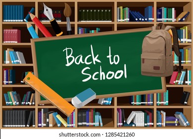 Back to school vector concept consisting of blackboard pen pencil color brush ruler eraser and school bag with bookcase background.
