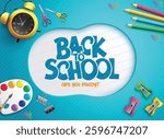 Back to school vector concept design. Back to school text with learning items of painting, color pencil and clock elements for educational study messages. Vector illustration.
