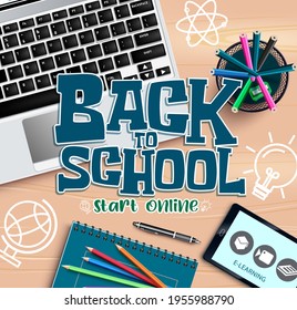 Back to school vector concept design. Back to school start online text with elements like laptop, phone and notebook for home study and education design. Vector illustration