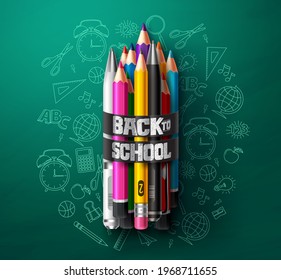Back to school vector concept design. Back to school text with art supplies in hand drawn background with colorful pencils in green background for educational elements. Vector illustration