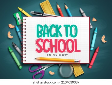 Back to school vector concept design. Back to school text in notebook item with crayons and pencil elements for educational learning objects. Vector illustration.
