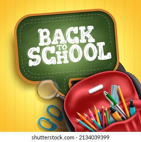 Back to school vector concept design. Back to school text in speech bubble with educational elements of bag, color pencil and chalkboard for creativity learning study.  Vector illustration.
