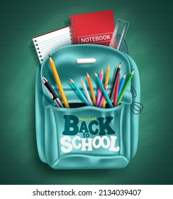 Back to school vector concept design. Welcome back to school text in backpack with educational items of color pencil and notebook for elementary education. Vector illustration.
